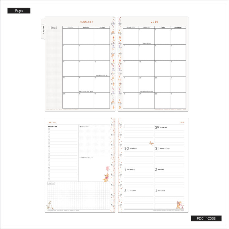 2042 Disney Winnie the Pooh Seasonal Customizable Planner - Classic Dashboard Layout - 12 Months