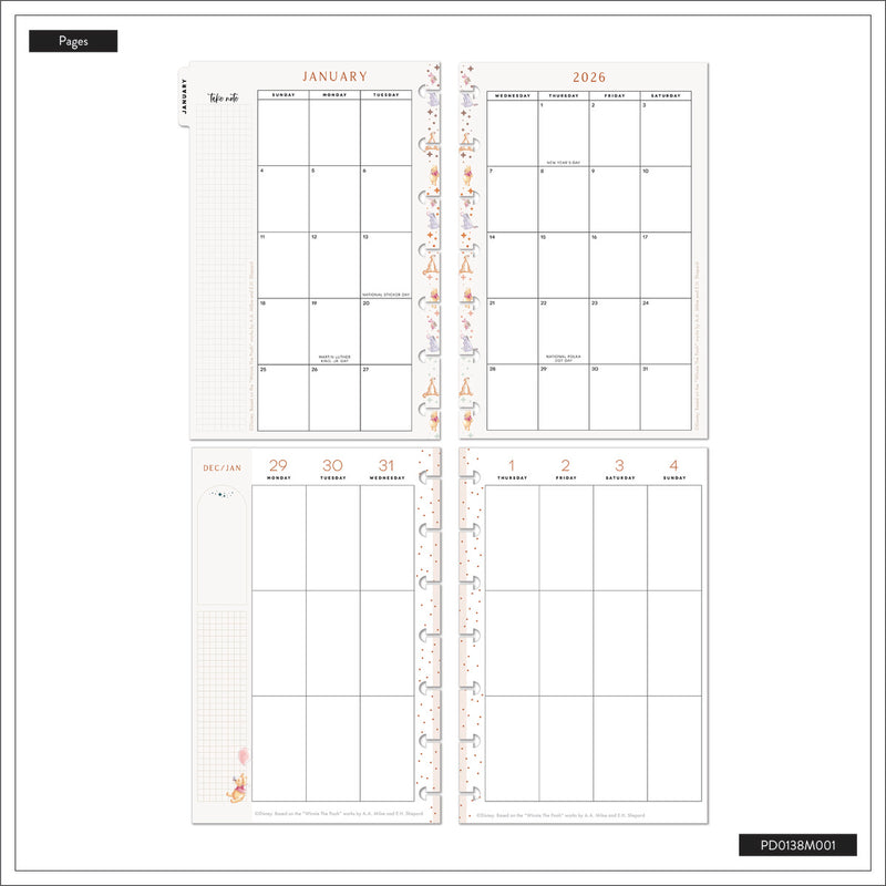 2044 Disney Winnie the Pooh Seasonal Customizable Planner - Mini Vertical Layout - 12 Month