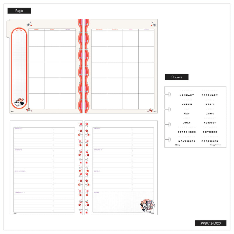 Undated Disney Minnie Mouse Bow Happy Customizable Planner - Big Horizontal Layout - 12 Months