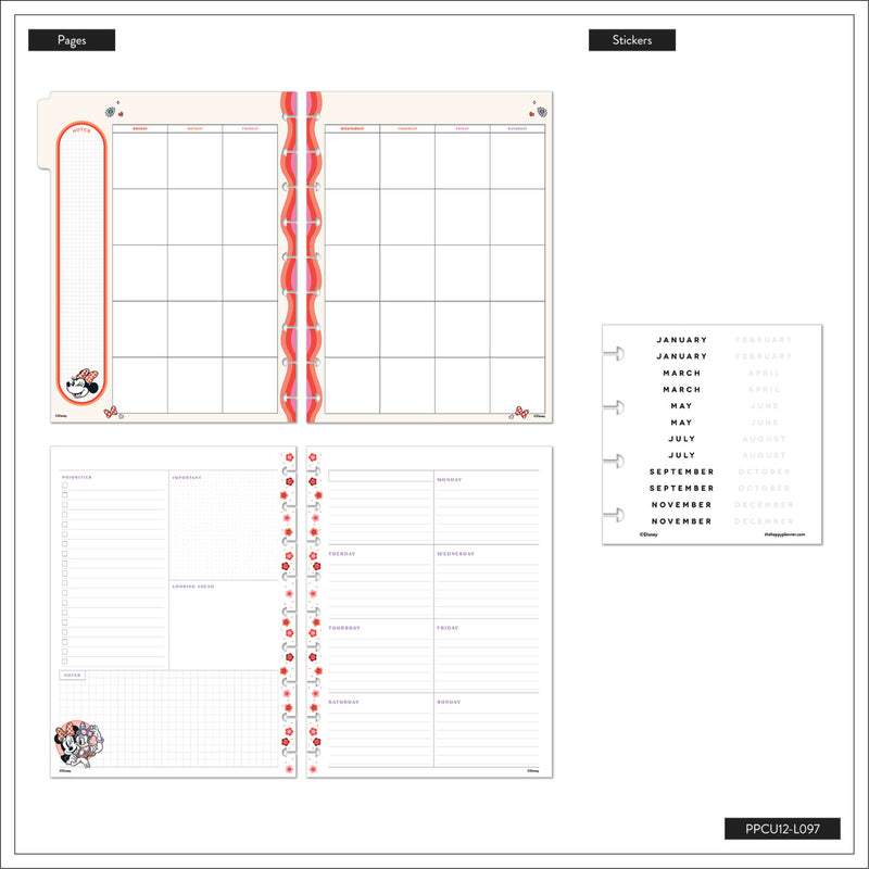 Undated Disney Minnie Mouse Bow Happy Customizable Planner - Classic Dashboard Layout - 12 Months