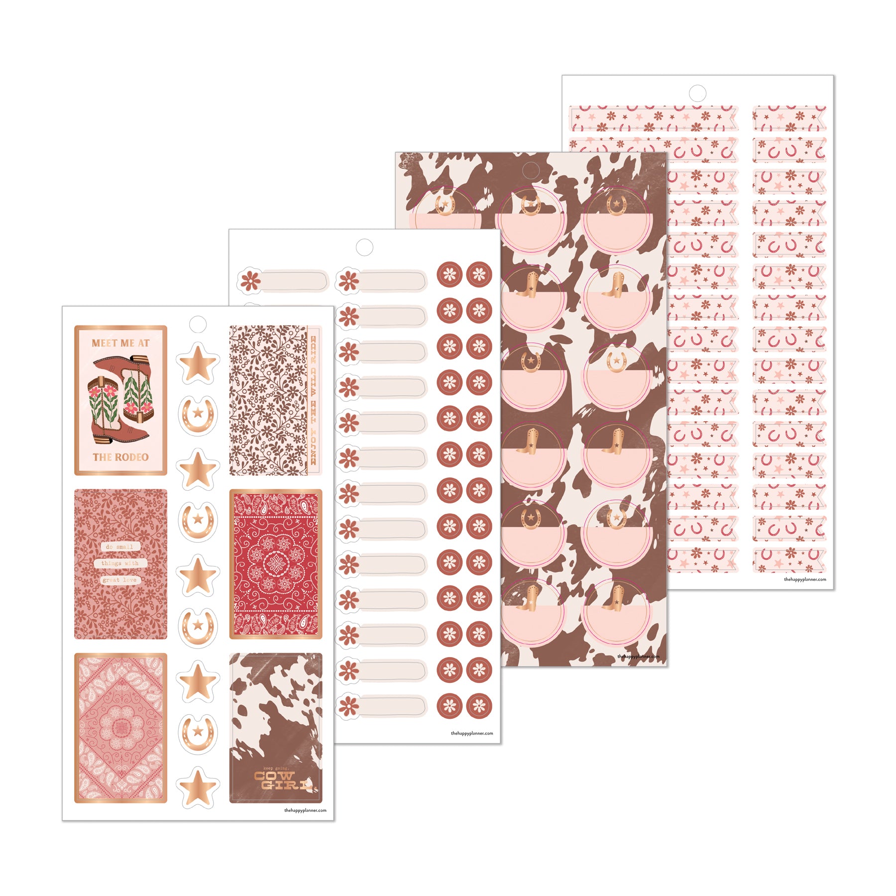 Set of decorative Western Bloom - Value Pack Stickers featuring cowgirl boots, bandana patterns, western hats, horseshoes, and floral designs for planners and journals.