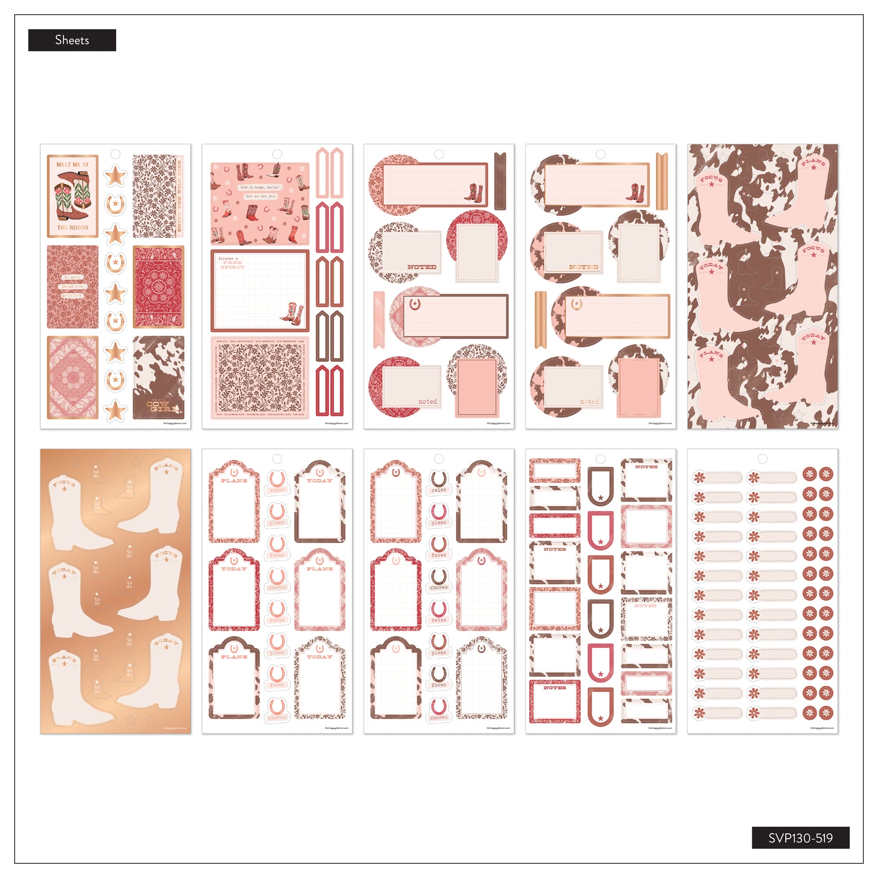 Western Bloom - Value Pack Stickers featuring western-themed designs including boots, bandanas, patterns, and planner labels in soft pink and brown tones for disc bound planners and journals.