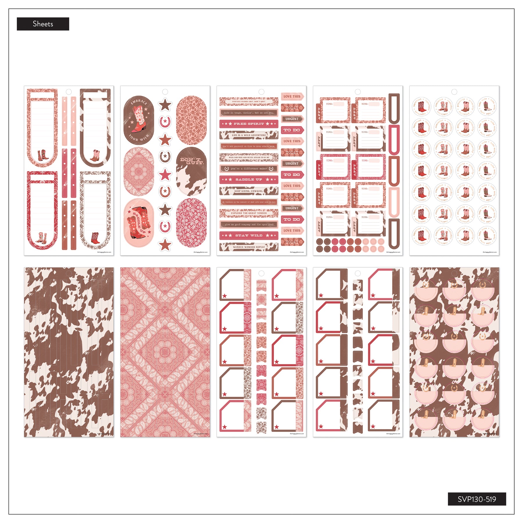Western Bloom - Value Pack Stickers featuring coordinated western and floral designs in shades of brown and pink, including labels, icons, and decorative patterns for planners and journals.