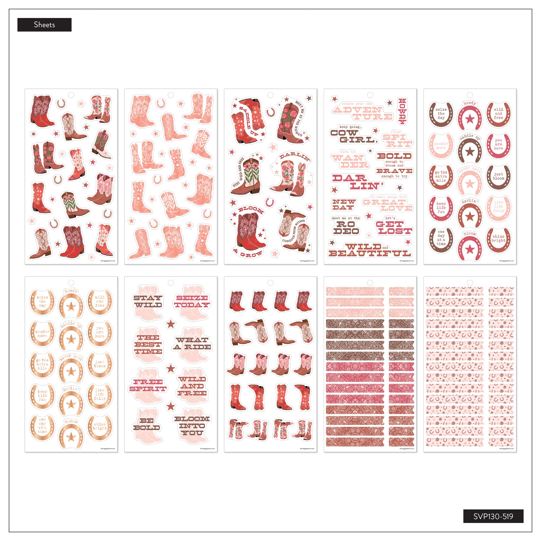 Western Bloom - Value Pack Stickers featuring Western-themed designs with cowboy boots, horseshoes, motivational phrases, and decorative strips in pink and brown tones for planners and journals.