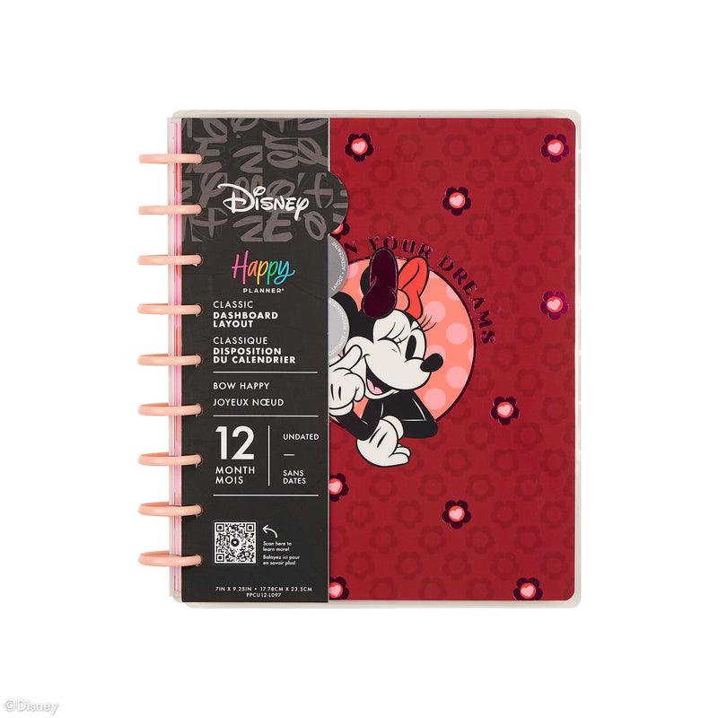 Undated Disney Minnie Mouse Bow Happy Customizable Planner - Classic Dashboard Layout - 12 Months