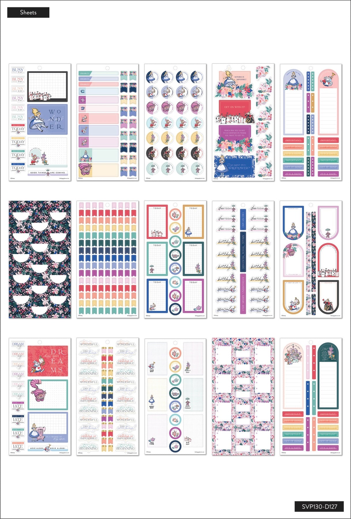 The Happy Planner Disney Sticker Pack for Calendars, Journals and Projects  –Multi-Color, Easy Peel – Scrapbook Accessories – Alice in Wonderland Theme